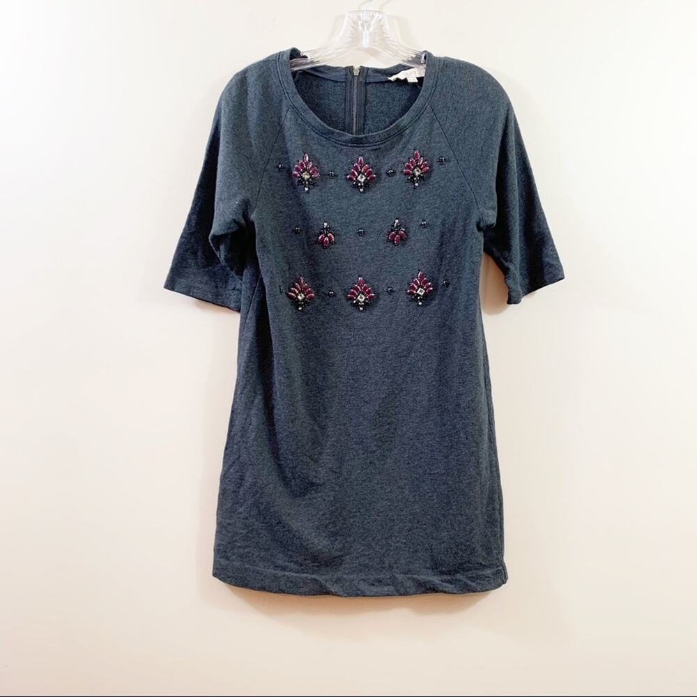 Ann Taylor LOFT Floral Jeweled Charcoal Gray Short Sleeve Shirt Dress